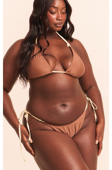 Plus Chocolate Contrast Binding Knot Tie Side Bikini Bottoms