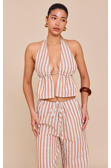 Stone Striped Cotton Halterneck Backless Plunge Top