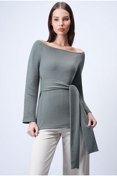 Women's Khaki Boat Neck Tie Waist Knitted Blouse