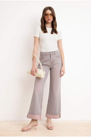 Pink Folded Hem Vintage Wash High Waist Wide Leg Jeans