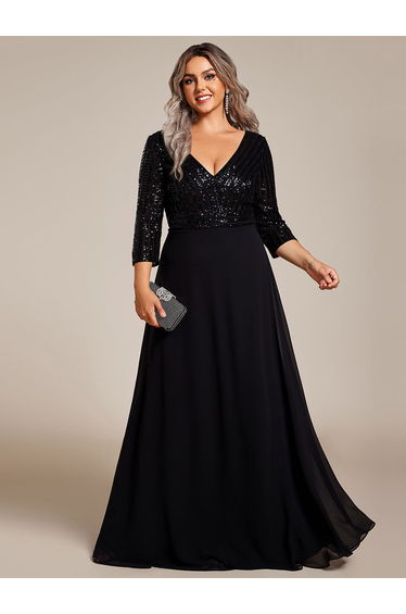 ever LUENA|Sexy V Neck Sequin Evening Dresses with 3/4 Sleeve