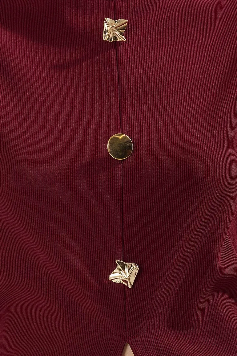 Burgundy Accessory Buttoned Crew Neck Regular Length Vest - 2