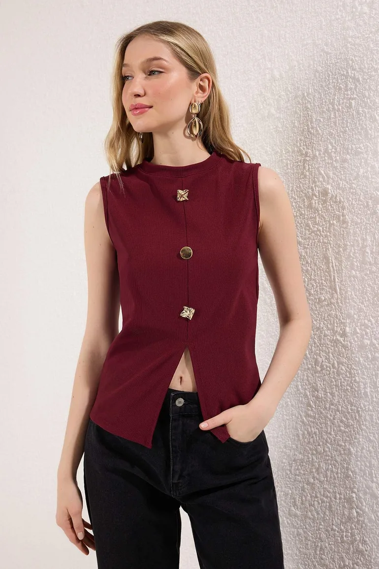 Burgundy Accessory Buttoned Crew Neck Regular Length Vest - 1