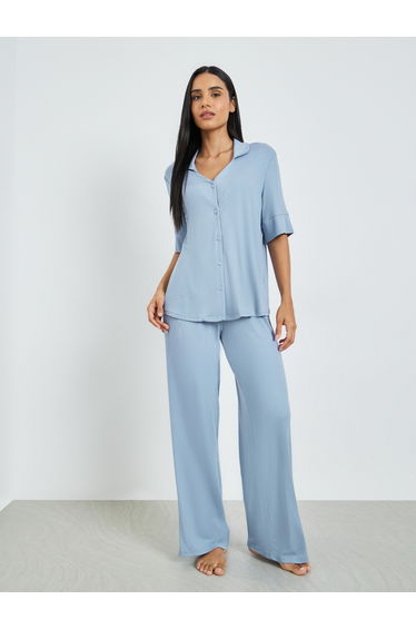 Blue Viscose Ribbed Buttoned Shirt and Pyjama Set