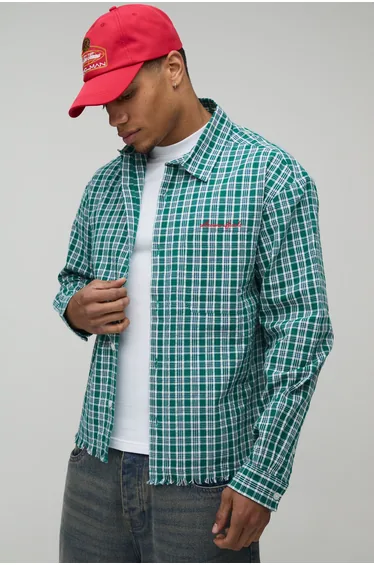 Oversized Boxy Raw Hem Checked Shirt - green