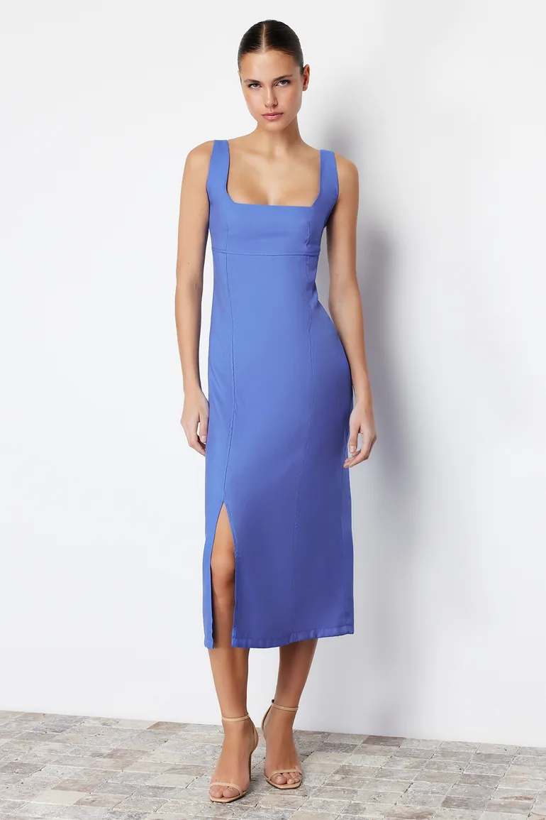 knee length dresses for ladies MO&Co. Women's Straight Cut Denim Midi Dress Blue Size S