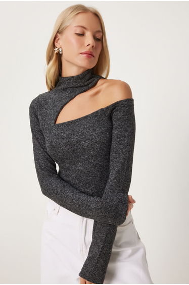 Women's Anthracite Cut Out Detailed Knitted Snap Bodysuit