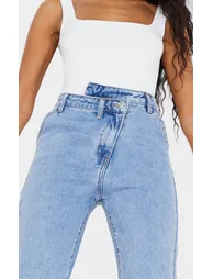 Light Blue Wash Asymmetric Waistband Jeans - 3