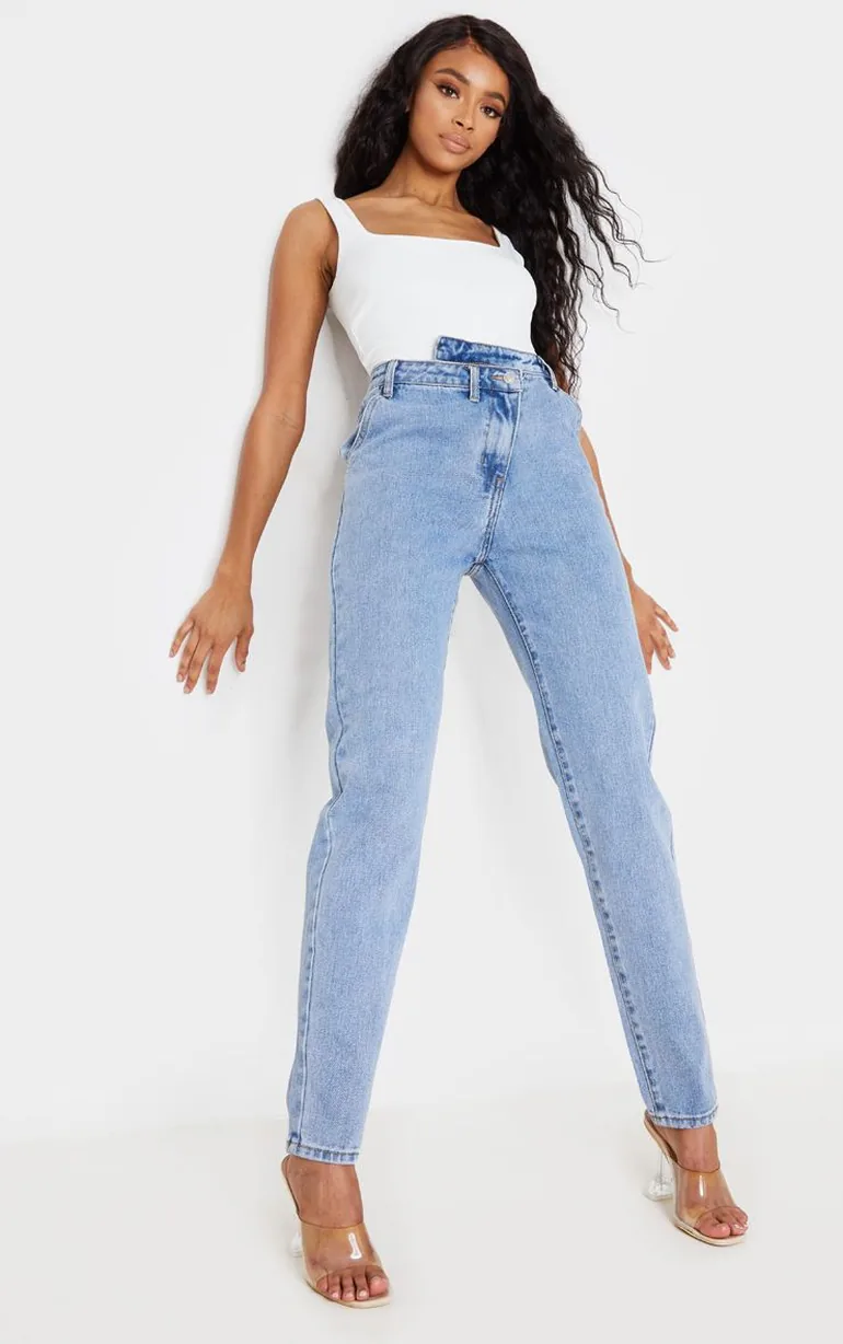 Light Blue Wash Asymmetric Waistband Jeans