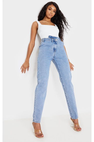 Light Blue Wash Asymmetric Waistband Jeans