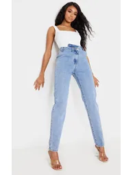 Light Blue Wash Asymmetric Waistband Jeans