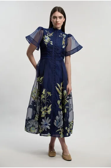 Petite Botanical Embroidery Organdie Angel Sleeve Midi Dress