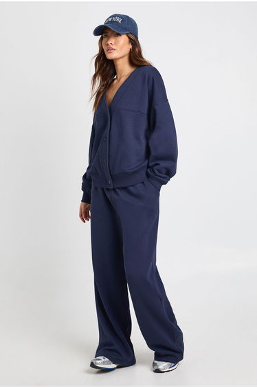 Button Through Cardigan Sweatshirt And Straight Leg Jogger Tracksuit - navy