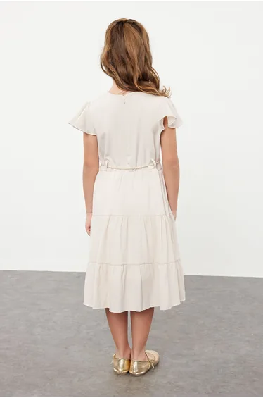 فستان بناتي بحزام بأكمام قصيرة مزين بزخرفة أزهار - بيج