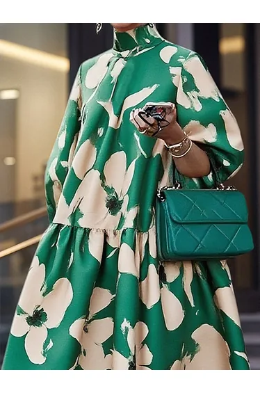 Half Sleeves Loose Flower Print High Neck Midi Dresses