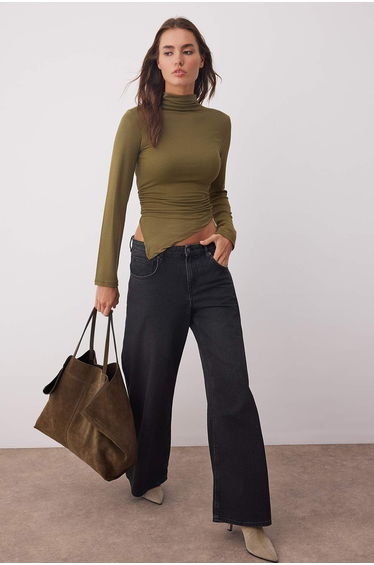 Khaki Fitted Gather/Drape Detailed Stand Collar Knitted Blouse