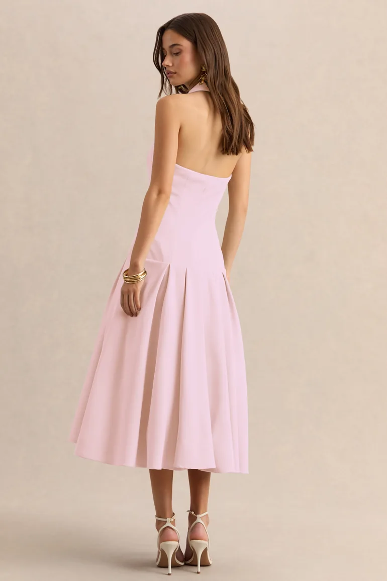 Elise | Light Pink Plunge-Neck Midi Dress With Drop-Waist - 1