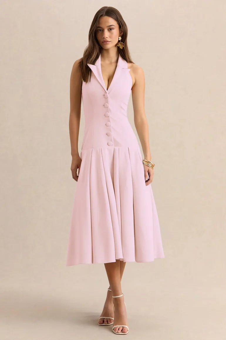 Elise | Light Pink Plunge-Neck Midi Dress With Drop-Waist - 4