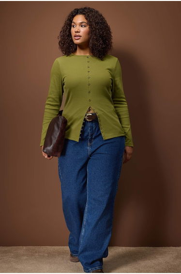 Khaki button detailed crew neck ribbed stretch regular size knitted plus size blouse