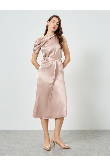 Women Beige Satin One Shoulder A-Line Midi Dress