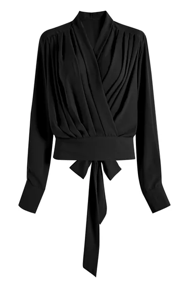 Pleated Front Tie-Back Wrap Top in Black for Office Days & Weekend Brunches