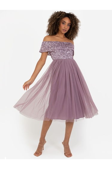 Maya Moody Lilac Bardot Embellished Midi Dress