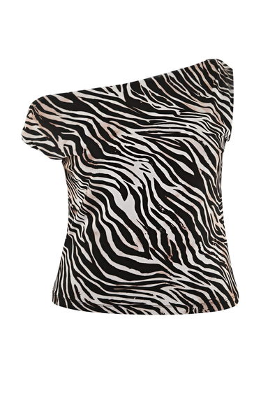 Multicolor Zebra Patterned Asmietrik Collar Flexible Knitted Plus Size Blouse