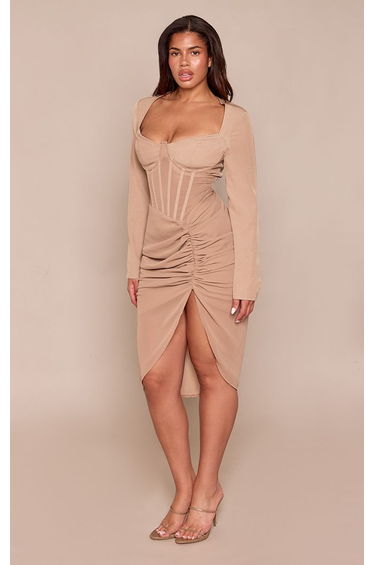 Shape Toffee Corset Detail Long Sleeve Ruched Midi Dress