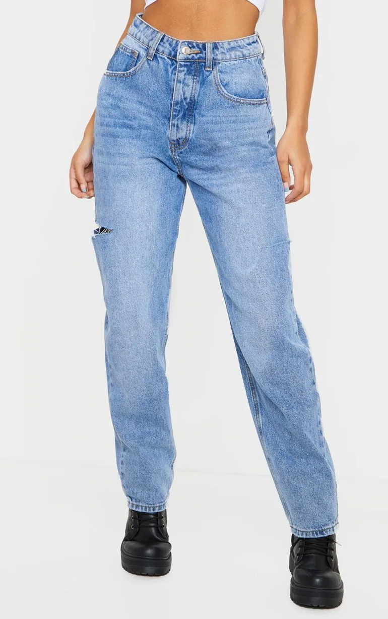 Mid Wash Thigh Split Baggy Boyfriend Jeans - 1