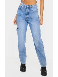 Mid Wash Thigh Split Baggy Boyfriend Jeans - 1