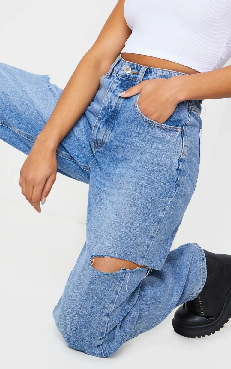 Mid Wash Thigh Split Baggy Boyfriend Jeans - 3