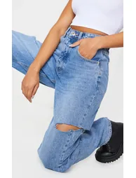 Mid Wash Thigh Split Baggy Boyfriend Jeans - 3