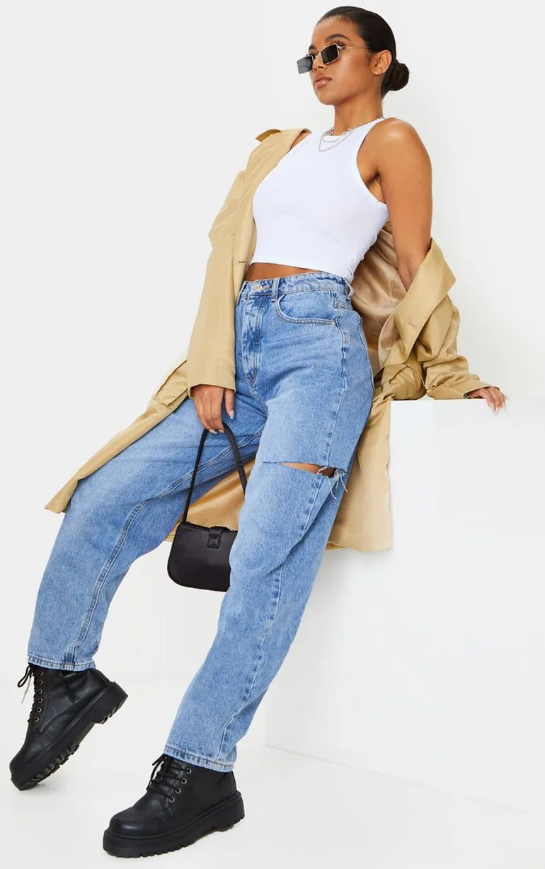 Mid Wash Thigh Split Baggy Boyfriend Jeans