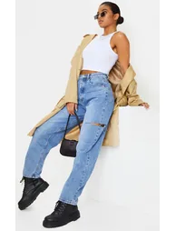 Mid Wash Thigh Split Baggy Boyfriend Jeans