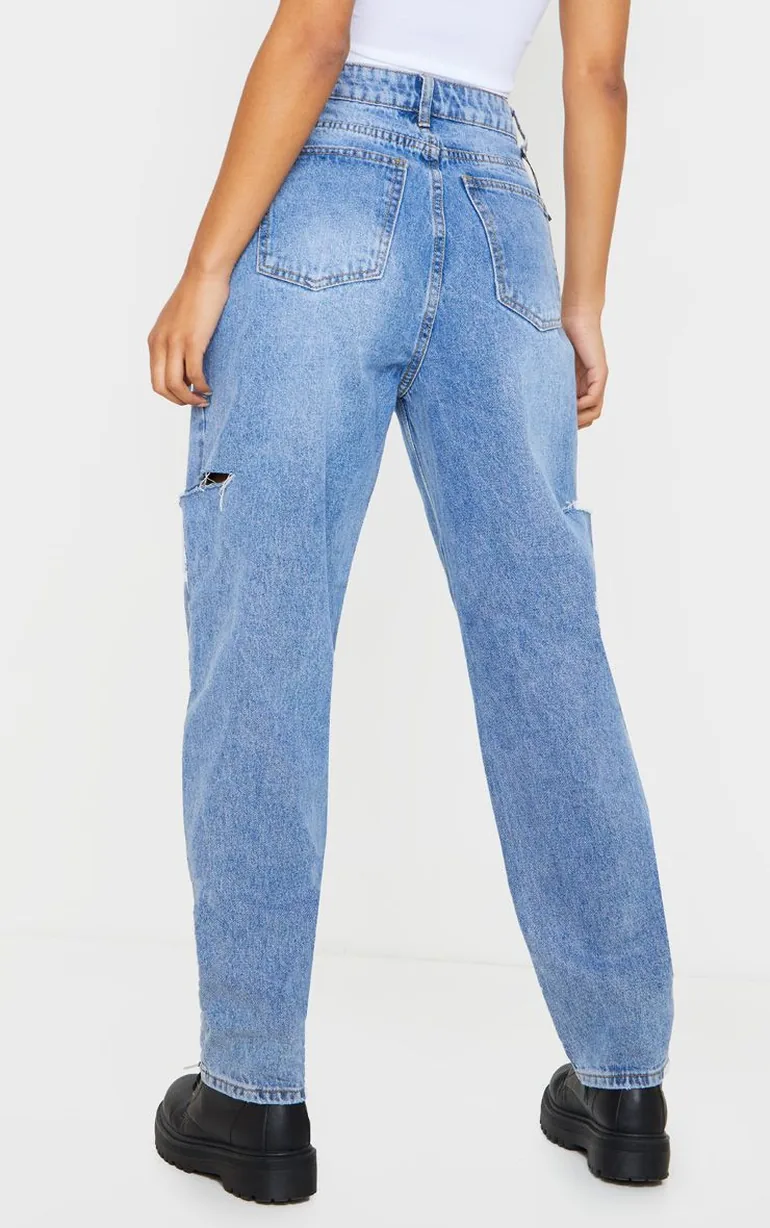 Mid Wash Thigh Split Baggy Boyfriend Jeans - 2