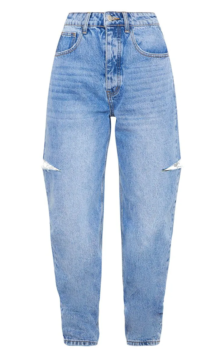 Mid Wash Thigh Split Baggy Boyfriend Jeans - 4