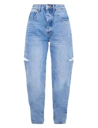 Mid Wash Thigh Split Baggy Boyfriend Jeans - 4