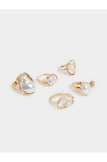 Pack of 5 - Gold-Tone Pearl Statement Rings