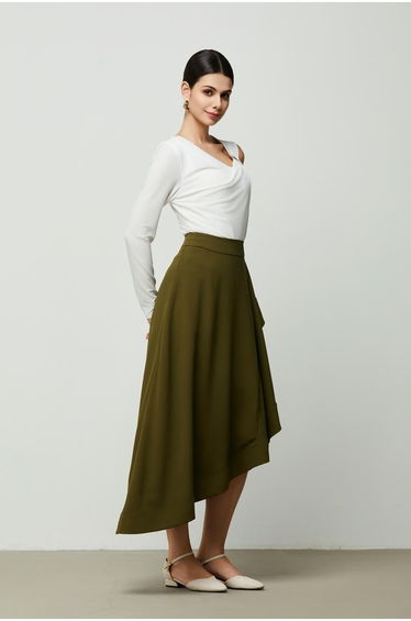 Olive Asymmetrical Crepe Skirt