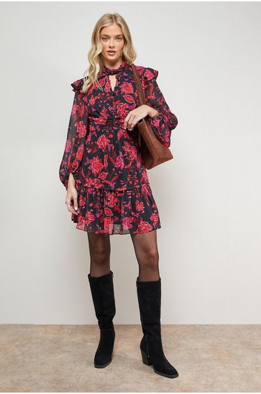 Printed Ruched High Neck Mini Fit And Flare Dress