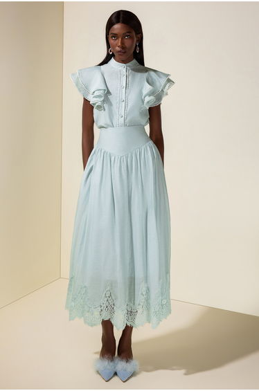 Sleeveless Ruffle Lace Top & Midi Skirt Set