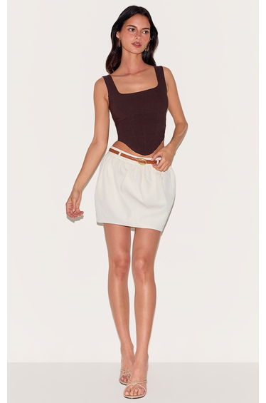 Cream Woven Belted Tulip Mini Skirt