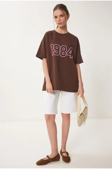 Women's Brown Oversize Printed Knitted T-Shirt