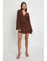 Tall Tie Waist Collarless Draped Blazer Dress - chocolate