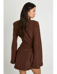 Tall Tie Waist Collarless Draped Blazer Dress - chocolate - 2