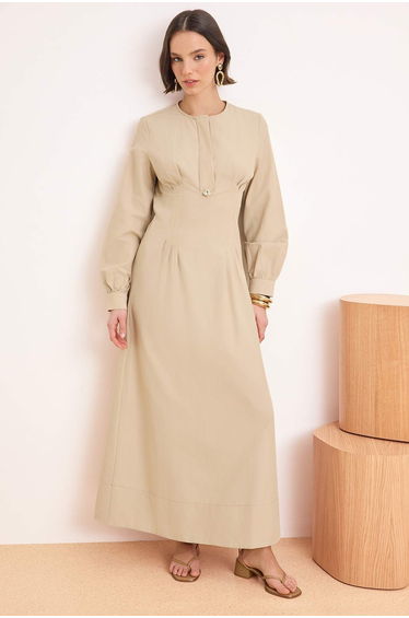 Stone Unlined Plain Woven Terrycotton Hijab Dress