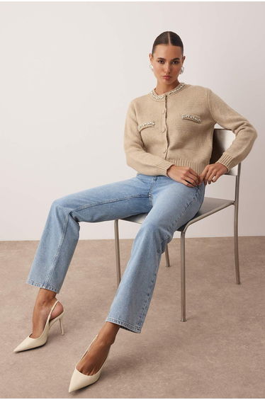 Mink Soft Textured Stone Embroidered Knitwear Cardigan
