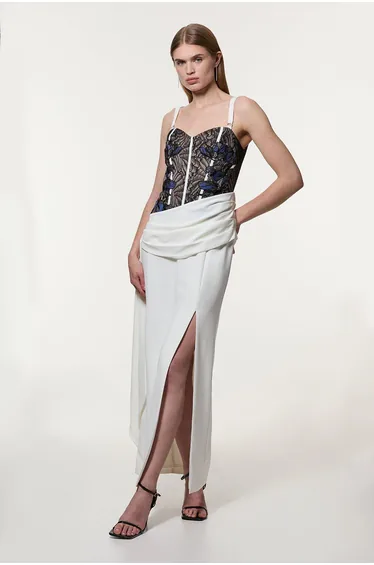 Lace Applique Contrast Corseted Tailored Maxi Dress