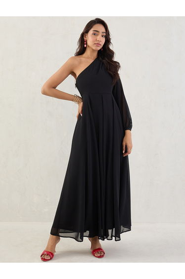 Black Solid One Shoulder Neck A-Line Maxi Dress