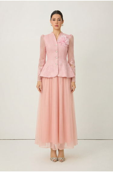 Evenings of Elegance Pink Floral Embroidery Sheer Sleeve Top & Skirt Set